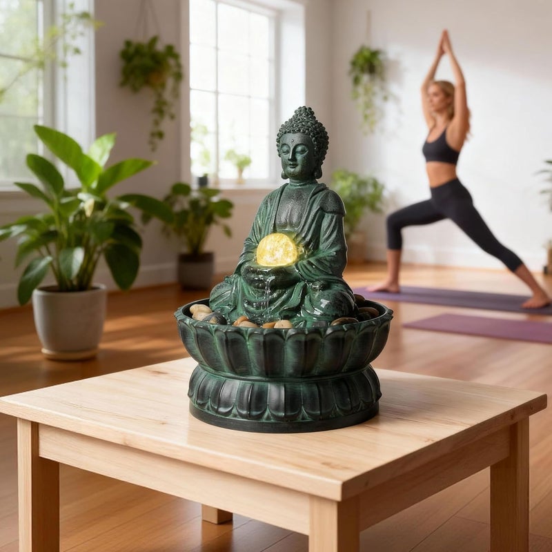 Haobos Indoor Tabletop Fountain Buddha Exquisite Sitting Meditation Statue, Desk-Top Water Fountain Decorative Zen Fountain w/Glass Rolling Ball/LED/Stone for Office/Home/feng Shui Decor 9.4" - Image 3